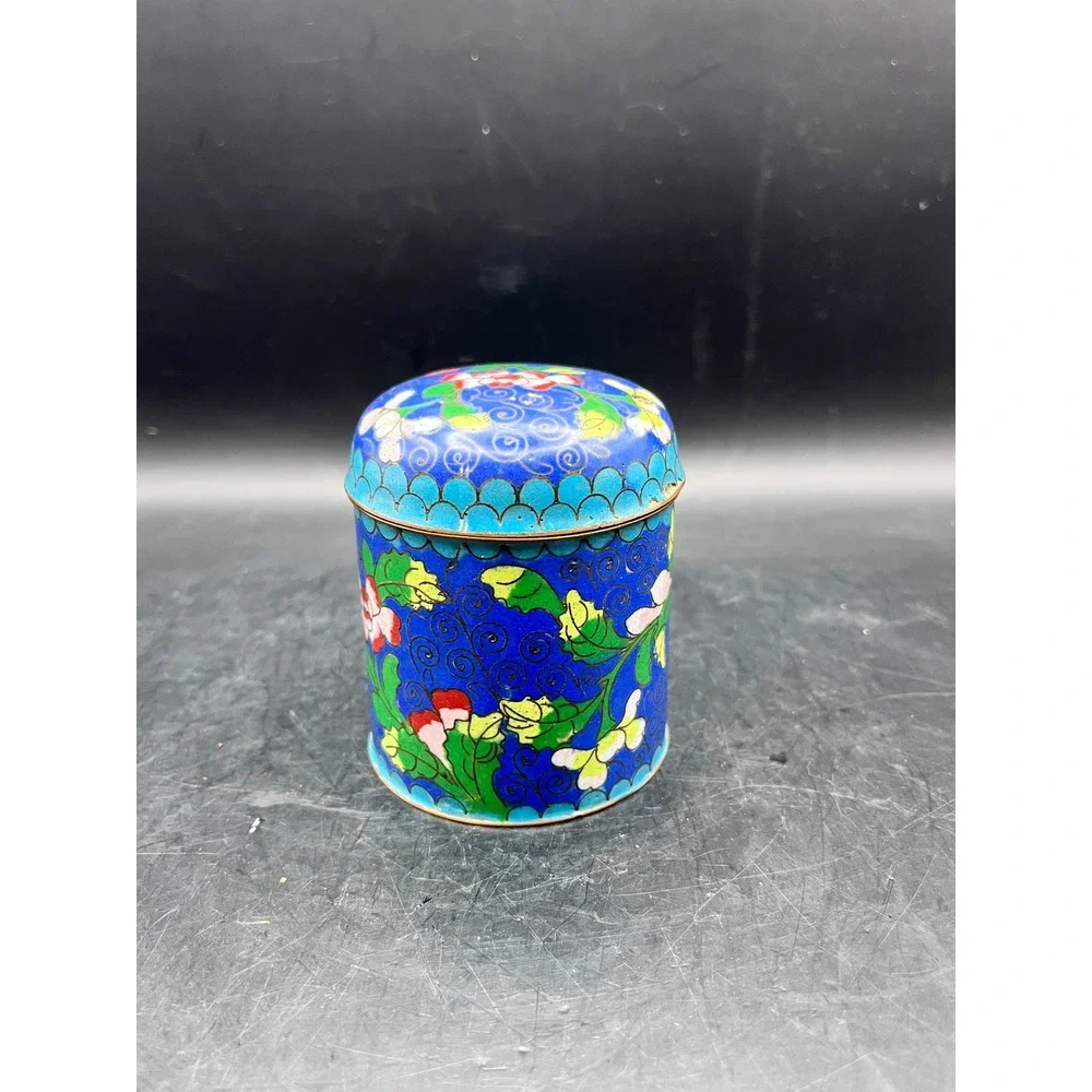 Antique Cloisonne Trinket Tea Box Spice Jar Cobalt‎ Blue Floral Brass Lid 3.5